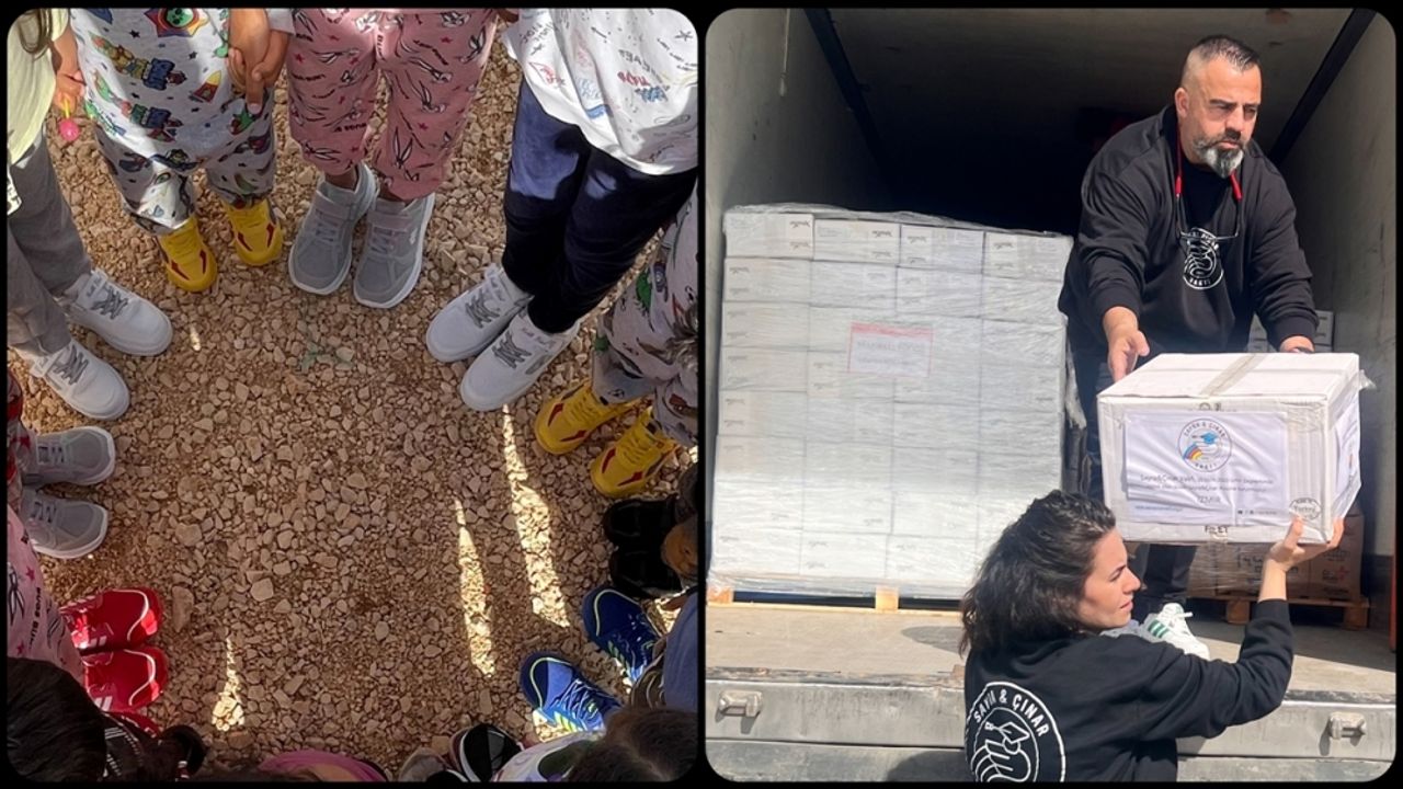 İzmir depreminde ölen ikizlerinin anısına Hatay'da çocuklara ayakkabı dağıttı